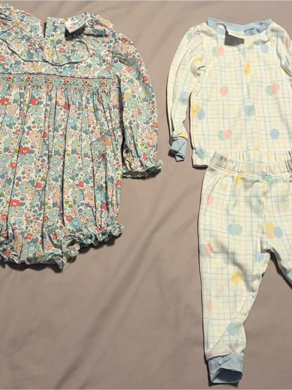 12 month Floral Smocked Bubble and Birthday Pastel Dot Pajama Set - Pink/Blue